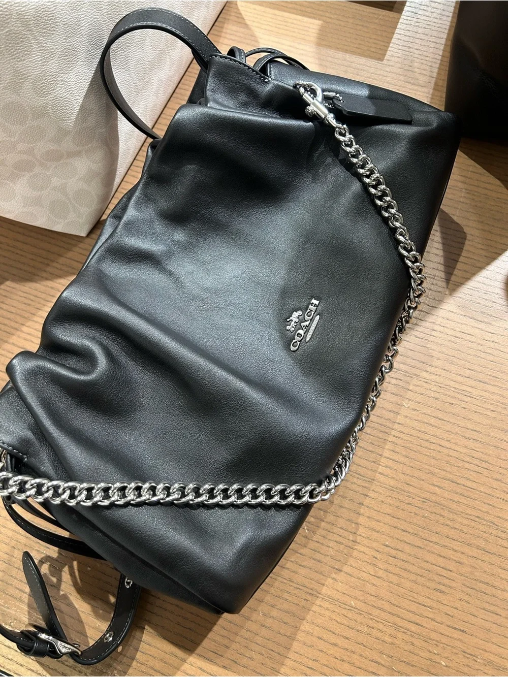 Coach Black calf  Leather cloud Shoulder Bag with Silver Chain  new